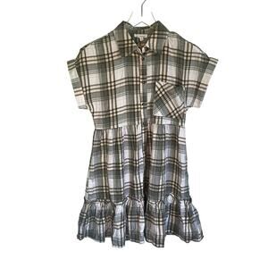 NWT Blu Pepper Anthro Green Plaid Short Sleeve Button Front Ruffle Dress Size S